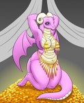 3_toes anthro biped bra breasts clothing coin feet female gold_(metal) gold_coin hands_above_head horn kneeling looking_at_viewer navel purple_eyes solo tail toes underwear wings cupcakesnstuff european_mythology mythology dragon mythological_creature mythological_scalie scalie western_dragon 2021 hi_res