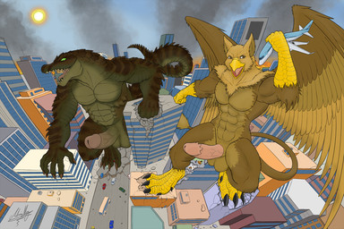 4_toes 5_fingers abs aircraft airplane anthro balls beak biceps biped brown_body brown_fur building building_destruction city city_background city_crushing city_destruction cityscape claws destruction duo erection feathered_wings feathers feet finger_claws fingers fur genitals green_body house humanoid_genitalia humanoid_penis jet landscape_dwarfing macro macro_anthro macro_male male muscular muscular_anthro muscular_male nude open_mouth outside paws pecs penis rampage sky smile stomping tail teeth toe_claws toes vehicle vehicle_destruction vein veiny_penis wings growingdragon mythology carnak_(carpo) carpo avian crocodile crocodilian gryphon mythological_avian mythological_creature reptile scalie colored hi_res