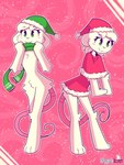 anthro arm_tuft barefoot chest_tuft christmas christmas_clothing christmas_dress christmas_headwear clothed clothing conditional_dnp crotch_tuft dress elbow_tuft feet fur green_eyes hat headgear headwear hi_res hip_tuft holidays knee_tuft leg_tuft male mammal mostly_nude murid murine rat reggie_(whygena) rodent santa_hat scarf tuft white_body white_fur whygena