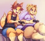 accessory anthro arms_bent bed bent_leg bent_legs blonde_hair blue_eyes bottomwear brown_hair brown_nose clothing controller dipstick_tail duo extended_leg frown fur furniture game_controller gaming gloves_(marking) hair headband holding_controller holding_game_controller holding_object leg_markings legs_over_edge male markings multiplayer open_mouth orange_body orange_fur over_edge overweight overweight_anthro overweight_male playing_video_game playstation_controller red_eyes shirt shorts sitting slightly_chubby socks_(marking) t-shirt tail tail_markings tan_body tan_fur tank_top thick_thighs tied_hair topwear wide_hips wireless_controller trinity-fate62 dualshock dualshock_3 playstation playstation_3 sony_corporation sony_interactive_entertainment andrew_(trinity-fate62) talia_(trinity-fate62) canid canine canis domestic_dog fox hybrid mammal wolf 2014