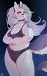 anthro big_breasts bra breasts cheek_tuft choker cleavage clenched_teeth clothed clothing eyebrows eyelashes facial_tuft female female_anthro frown fur glistening grey_body grey_fur grey_hair hair inner_ear_fluff jewelry legs_together long_hair looking_at_viewer midriff multicolored_body multicolored_fur navel necklace notched_ear panties pupils red_sclera slightly_chubby slit_pupils solo standing teeth tuft two_tone_body two_tone_fur underwear white_body white_eyes white_fur aruurara helluva_boss mythology loona_(helluva_boss) canid canid_demon canine demon hellhound mammal mythological_canine mythological_creature 2023 absurd_res artist_name hi_res