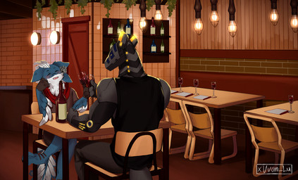 4_ears alcohol anthro beverage biped blue_body blue_feathers blush bread celebrating claws clothed clothing container cup drinking_glass duo feathered_wings feathers food glass glass_container glass_cup grey_body happy holidays machine male male/male mohawk multi_ear orange_accents restaurant tail tail_feathers toast white_body white_feathers wine wine_glass winged_arms wings van_lucyus valentine's_day rogue_emberwing xeno_emberwing avali avian robot synth_(vader-san) digital_media_(artwork) hi_res