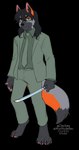 anthro barefoot biped black_nose bottomwear claws clothed clothing eyewear feet fully_clothed fur glasses green_eyes grey_body grey_fur grey_hair hair hindpaw holding_melee_weapon holding_object holding_sword holding_weapon long_hair male melee_weapon necktie orange_body orange_fur pants pawpads paws pink_pawpads simple_background solo standing sword text toe_claws topwear transparent_background weapon kittydee khopesh_aeterno canid canine mammal 135:256 2022 alpha_channel artist_name dated digital_media_(artwork) full-length_portrait hi_res portrait