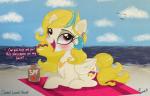 14:9 2019 absurd_res avian beach bird blonde_hair blush braided_hair darkest-lunar-flower detailed_background dialogue disguise english_text equid equine female friendship_is_magic golden_feather_(mlp) hair hasbro heart_symbol hi_res jewelry mammal my_little_pony mythological_creature mythological_equine mythology necklace outside pegasus princess_celestia_(mlp) purple_eyes sea seaside solo sunscreen text tongue towel water wings