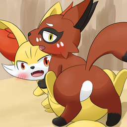 ambiguous_gender blush brown_body butt duo featureless_crotch feral looking_at_viewer null open_mouth red_body red_eyes white_body yellow_body yellow_eyes tokumei_tm nintendo pokemon fennekin generation_6_pokemon generation_8_pokemon nickit pokemon_(species) 1:1 absurd_res hi_res