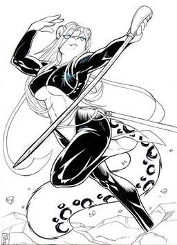 anthro blue_eyes bottomwear breasts cleavage clothed clothing eyebrows eyelashes female fluffy fluffy_tail hair inner_ear_fluff long_hair melee_weapon navel nipple_outline nipples outside pants simple_background solo spots sword tail teeth text tuft under_boob weapon white_background max_blackrabbit felid leopard mammal pantherine 2010 black_and_white digital_media_(artwork) english_text monochrome signature