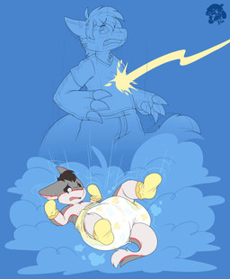 age_regression ambiguous_gender anthro blue_background blush blush_lines bodily_fluids booties bottomwear brown_hair brown_sclera clean_diaper clothed clothing cloud_emanata crying denim denim_bottomwear denim_clothing diaper diaper_puff emanata footwear frown fur grey_body grey_fur hair handwear jeans logo lying magic multicolored_body multicolored_ears multicolored_fur multicolored_tail neonate on_back open_frown open_mouth pants poof_transformation red_body red_fur shirt simple_background snaggle_tooth solo tail tan_body tan_fur tears topwear transformation wearing_diaper yellow_clothing yellow_footwear yellow_handwear young young_ambiguous young_anthro bubblepuppers cryo_lithius sergal absurd_res artist_logo hi_res