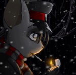 anthro big_ears black_clothing black_hair cigarette clothing fur grey_body grey_fur hair lighter looking_up male night outside plant scarf simple_background smoking snow snowing solo tree white_eyes world_war_1 coffinberry hyena mammal spotted_hyena 2d_animation animated loop low_res short_playtime