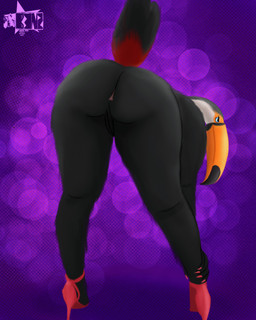 beak bent_over black_body blue_eyes butt clothing female footwear high_heels mature_female nails purple_background shoes simple_background solo benzfur avian bird toucan 4:5 absurd_res hi_res