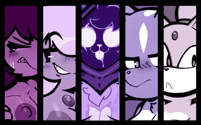 anthro areola black_border bodily_fluids border breasts chest_gem empty_eyes eye_scar eyelashes facial_scar female forehead_gem freckled_breasts freckles front_view fur gem group nipples nude purple_areola purple_body purple_eyes purple_fur purple_nipples scar sharp_teeth smile sweat sweatdrop teeth tongue tongue_out white_body white_eyes white_fur white_nose white_tongue heyomaerow aggretsuko cartoon_network deltarune epic_games fortnite sanrio sega sonic_the_hedgehog_(series) steven_universe undertale_(series) amethyst_(steven_universe) blaze_the_cat raven_team_leader shikabane_(aggretsuko) susie_(deltarune) bear domestic_cat felid feline felis gem_(species) humanoid mammal mephitid scalie skunk 16:10 absurd_res hi_res widescreen