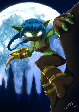 black_eyebrows blue_hair bottomwear breasts brown_bottomwear brown_clothing brown_fingerless_gloves brown_footwear brown_gloves brown_handwear brown_pants brown_shoes brown_skirt brown_topwear clothing eyebrows female fingerless_gloves footwear gloves glowing glowing_eyes green_body green_ears hair handwear holding_object holding_weapon humanoid_pointy_ears mask moon navel night not_furry outside pants plant pointy_ears ponytail shoes skirt small_breasts solo topwear tree weapon white_eyes souleatersaku90 activision skylanders stealth_elf_(skylanders) elf humanoid 2025 absurd_res colored digital_media_(artwork) hi_res shaded signature