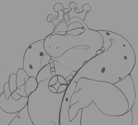 anthro belly cloak cloak_only clothed clothing crown crown_only headgear headgear_only jewelry male mostly_nude navel necklace necklace_only nude overweight overweight_anthro overweight_male partially_clothed solo astralkettei mario_bros nintendo wart_(mario) amphibian frog monochrome sketch