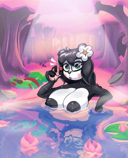 accessory anthro big_breasts black_body black_nipples breasts female flower flower_in_hair flower_on_head forest forest_background green_eyes hair hair_accessory huge_breasts nipples nude partially_submerged plant solo tree water rabbit5gamer activision crash_bandicoot_(series) yaya_panda bear giant_panda mammal