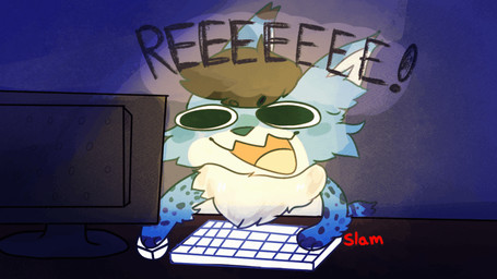 anthro blue_body blue_fur brown_hair chest_tuft computer_mouse electronics fur hair keyboard male monitor onomatopoeia solo sound_effects text tuft sirbunnybuns reeeeeee felid feline lynx mammal 2_frame_animation animated colored meme