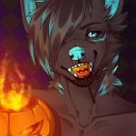 candy dessert fire flaming_pumpkin food fruit grin holidays lollipop looking_at_viewer male night plant pumpkin royalty smile smirk solo teeth whcardinal halloween master_hellscythe canid canine canis demon mammal wolf 1:1 bust_portrait icon portrait