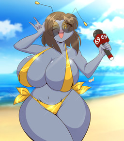 antennae_(anatomy) anthro beach big_breasts bikini biped blush breasts cleavage clothed clothing electronics eyewear female grey_body holding_microphone holding_object microphone navel outside side-tie_bikini solo string_bikini swimwear thick_thighs two-piece_swimsuit wide_hips yellow_clothing mastergodai ambiguous_species