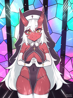 breasts clothing cross cross_necklace female hair horn jewelry legwear necklace not_furry nun panties red_body red_skin scar solo thigh_highs underwear white_hair bebatch akumi_(yoclesh) horned_humanoid humanoid 3:4 hi_res