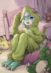 anthro barefoot bed blue_body blue_eyes blue_skin claws clothing cushion feet female furniture green_body hair hood kemono open_mouth pajamas plushie sitting solo tail teeth white_hair shizumi_tsubasa mythology dragon mythological_creature mythological_scalie scalie absurd_res hi_res