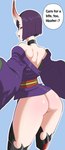 big_butt black_clothing black_legwear blue_background bottomless butt choker clothed clothing dialogue eyelashes eyeshadow female hair horn jewelry legwear looking_at_viewer looking_back looking_back_at_viewer makeup necklace open_mouth open_smile purple_clothing purple_eyes purple_hair purple_topwear rear_view red_eyeshadow red_horn short_hair simple_background smile solo speech_bubble talking_to_viewer tan_body tan_skin text thick_thighs topwear wide_hips octavius_dp asian_mythology east_asian_mythology fate_(series) japanese_mythology mythology type-moon assassin_shuten-douji demon horned_humanoid humanoid oni yokai hi_res