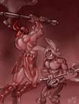 anthro armor axe battle battle_axe bottomwear clothed clothing duo fight fur hair headgear helmet holding_object holding_weapon horn loincloth loincloth_only male melee_weapon muscular muscular_anthro muscular_male not_furry pecs rabbit_ears red_eyes simple_background teeth topless weapon naughtyjester cronn_(lapinbeau) humanoid lagomorph leporid mammal rabbit digital_media_(artwork)