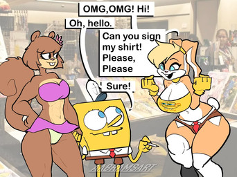 anthro autograph big_breasts breasts brown_body brown_fur character_signature convention cosplay dialogue eyeliner female fur greeting group makeup male muscular muscular_anthro muscular_female narrow_shoulders photo_background small_waist speech_bubble standing text thick_thighs trio wide_hips aabramsart looney_tunes nickelodeon spongebob_squarepants warner_brothers lola_bunny sandy_cheeks spongebob_squarepants_(character) aquatic human lagomorph leporid mammal rabbit rodent sciurid sea_sponge tree_squirrel english_text photography_(artwork)