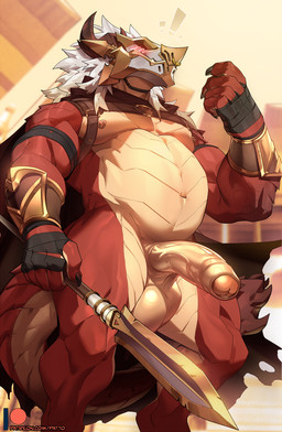 anthro armor balls big_balls biped blush bracers cape claws clothing erection finger_claws foreskin genitals hair harness headgear helmet holding_melee_weapon holding_object holding_polearm holding_spear holding_weapon horn humanoid_genitalia humanoid_penis male melee_weapon muscular overweight overweight_male penis polearm red_body solo spear tail tan_body vein veiny_penis weapon white_hair patto mythology rook_(nimratu) dragon mythological_creature mythological_scalie scalie 2023 digital_media_(artwork) hi_res