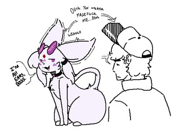 accessory blush blush_lines clothing collar dialogue directional_arrow duo ear_wiggling eyewear eyewear_on_head female feral glasses glasses_on_head hair hat headgear headwear looking_at_another male motion_lines psychic_powers simple_background sitting speech_bubble tail text topwear botanics nintendo pokemon eeveelution espeon generation_2_pokemon human mammal pokemon_(species) english_text