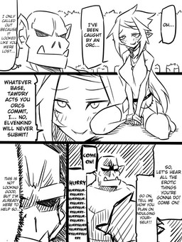 dialogue duo female humor male not_furry text jin_(mugenjin) elfxorc elf humanoid orc 3:4 comic english_text monochrome