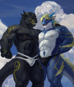abs anthro biceps big_muscles black_body blonde_hair blue_body body_hair bulge claws clothing cloud deltoids duo finger_claws forearms forked_tongue fur golden_markings hair happy_trail licking licking_lips looking_at_viewer low-angle_view male markings multicolored_body muscular muscular_male nipples outside pecs tail teeth tongue tongue_out two_tone_body underwear yellow_body yellow_fur bakehuolong mythology dragon furred_dragon furred_scalie mythological_creature mythological_scalie scalie hi_res