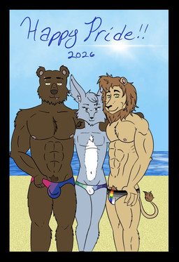 anthro beach beachwear bisexual_pride_colors blue_body blue_eyes blue_fur brown_body brown_fur clothed clothing femboy fur green_eyes group leon_(foxtrash) lgbt_pride lion_mane male male/male mike_(foxtrash) muscular muscular_male nipples piercing pride_colors pubes speedo speedo_only stated_heteroflexibility swimwear tail tail_tuft topless trio tuft vincian_pride_colors yellow_eyes foxtrash maxie_(foxtrash) sandy_beach bear canid canine felid fennec_fox fox lion mammal pantherine true_fox hi_res