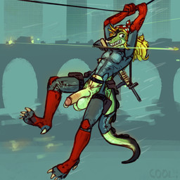 action_pose action_scene anthro bandanna_on_head bridge clenched_teeth gun half_naked pose ranged_weapon shooting solo tactical teeth weapon zipline cool. tasla_venhyle crocodile crocodilian reptile scalie hi_res