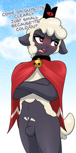 animal_genitalia anthro balls blush cold crossed_arms dialogue fully_sheathed genitals looking_away male micropenis navel penis sheath small_penis snow solo czu cult_of_the_lamb massive_monster_(studio) lamb_(cult_of_the_lamb) red_crown_(cult_of_the_lamb) bovid caprine mammal sheep absurd_res hi_res