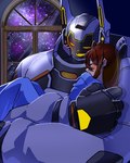 anthro bed brown_hair cuddling duo female furniture hair machine male ponytail screen screen_face shizu_ponnu lifewonders live_a_hero female_operator orbiter_(lah) human mammal robot 4:5 hi_res