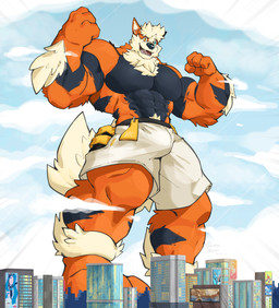 abs anthro barazoku biceps big_muscles big_pecs blue_eyes bottomwear bulge cheek_tuft city clothed clothing facial_tuft flexing fur heterochromia huge_muscles huge_pecs looking_at_viewer macro male muscular muscular_anthro muscular_male orange_body orange_fur outside pecs shorts shorts_only solo standing text topless tuft yellow_eyes oinu_kori nintendo pokemon kori_(oinu_kori) arcanine canid canine generation_1_pokemon mammal pokemon_(species) digital_media_(artwork) english_text hi_res