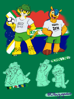 anthro ball blue_body blue_scales boyfriend/boyfriend clothing coffee_mug duo fictional_flag flag fur hug hugging_another hugging_from_behind looking_at_viewer male male/male markings scales shirt simple_background soccer soccer_ball sport spots spotted_body stretching t-shirt tail text topwear white_clothing white_shirt white_t-shirt white_topwear yellow_body yellow_fur dibujugador fuleco zakumi armadillo felid leopard mammal pantherine xenarthran 3:4 english_text hi_res sketch_page