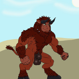 5_fingers abs animal_genitalia animal_penis anthro balls biceps big_balls biped body_hair braided_hair brown_body brown_fur brown_hair cloud cloven_hooves day equine_genitalia equine_penis eyebrows fingers flaccid fur genitals green_eyes hair happy_trail hooves horn male muscular muscular_anthro muscular_male navel neck_tuft outside pecs penis penis_tip sheath simple_background sky solo sun tuft unguligrade naughty_ram blizzard_entertainment european_mythology greek_mythology mythology warcraft bovid bovine cattle mammal minotaur tauren digital_drawing_(artwork) digital_media_(artwork)