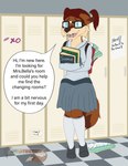 abdl abuniverse anthro book canid canine clean_diaper clothing diaper english_text eyewear female folded_diaper fox glasses hallway hi_res holding_book holding_object littlepawz littlepawz_(diaper) locker lunathecute mammal nerd nervous rectangular_glasses school_uniform solo text uniform