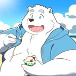 anthro belly big_belly black_nose clothing cloud food hoodie kemono male open_mouth overweight overweight_male smile solo topwear white_body chihaku_daga utau shirane_kan bear mammal polar_bear ursine 2024 hi_res