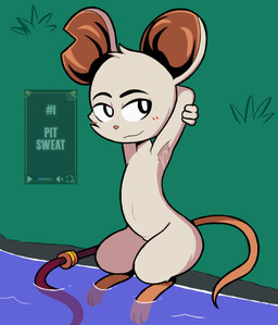 anthro armpit_fetish armpit_focus blush blush_lines bodily_fluids feet female foot_in_water fur grass hands_behind_head looking_aside mouse_tail notched_ear nude nude_female plant simple_background smile solo sweat sweaty_armpit text_box toes water weapon whip white_body white_eyes white_fur mrdegradation mina_the_hollower yacht_club_games mina_(mina_the_hollower) mammal mouse murid murine rodent hi_res