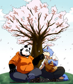 anthro black_body black_fur blue_body blue_fur blush bottomwear clothing duo eyewear fur glasses hoodie humanoid_hands male outside overweight overweight_male pants sitting topwear white_body white_fur wdh3905 bear canid canine canis giant_panda mammal wolf 2015 hi_res