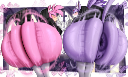 anthro anus ass_clapping bent_over big_butt blush bottomless butt clothed clothing duo female footwear genitals green_eyes huge_butt legwear looking_at_viewer looking_back narrowed_eyes nun nun_outfit onomatopoeia pink_body purple_body smile socks sound_effects stockings text thigh_highs thigh_socks twerking vulva white_clothing white_footwear white_legwear white_socks white_stockings white_thigh_highs white_thigh_socks yellow_eyes pinkybop sega sonic_the_hedgehog_(series) amy_rose blaze_the_cat domestic_cat eulipotyphlan felid feline felis hedgehog mammal 2025 absurd_res english_text hi_res