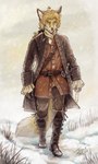 anthro boots bottomwear clothing footwear hair male melee_weapon pants rapier shoes snow solo sword topwear victorian walking wavy_mouth weapon tatujapa edgar_vladilisitsa canid canine fox mammal 2022 absurd_res full-length_portrait hi_res portrait signature traditional_media_(artwork)