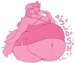 anthro anthro_pred anthro_prey belly belly_tuft big_belly big_breasts breasts button_ears cleavage clothed clothing cocktail_dress female female_pred floppy_ears fluffy fluffy_tail hair hair_over_eye hand_in_mouth huge_belly mostly_offscreen_character navel oral_vore overweight overweight_female sloshing_belly solo tail thick_thighs tuft unseen_prey vore cakecauldron canid canine canis domestic_dog mammal digital_media_(artwork) hi_res