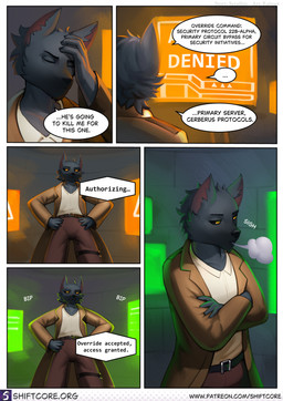 anthro black_body black_fur black_sclera bottomwear brown_bottomwear brown_clothing brown_coat brown_pants brown_topwear clothed clothed_anthro clothed_male clothing coat crossed_arms dialogue electronics fur male monitor orange_eyes pants sigh solo speech_bubble text topwear trenchcoat rainset shiftcore alan_mercurio canid canine canis mammal wolf 2026 comic english_text hi_res url