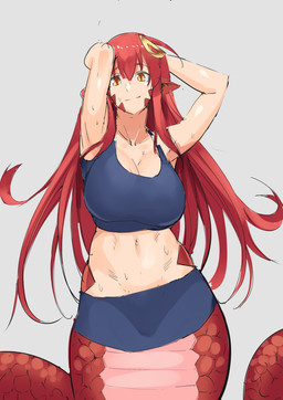 accessory apode big_breasts bodily_fluids bottomwear bra breasts cleavage clothed clothing female furgonomics grey_background hair hair_accessory hairclip hands_behind_head head_tilt humanoid_pointy_ears legless long_hair looking_at_viewer midriff miniskirt monster_girl_(genre) navel not_furry pointy_ears pupils raised_arms red_hair scales serpentine simple_background skirt slit_pupils solo split_form sports_bra sweat underwear wide_hips yellow_eyes stormcow monster_musume miia_(monster_musume) draconcopode lamia reptile scalie snake hi_res sketch