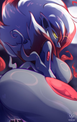 anthro areola arm_tuft big_breasts breasts butt elbow_tuft female genitals glistening glistening_butt grey_body grey_skin hair hip_tuft huge_breasts long_hair looking_back nipples pink_areola pink_nipples plump_labia puffy_areola pupils rear_view red_hair_tips sharp_fangs slit_pupils snout solo tuft vulva white_hair yellow_sclera spectral_draw nintendo pokemon generation_5_pokemon generation_8_pokemon hisuian_form hisuian_zoroark pokemon_(species) regional_form_(pokemon) zoroark 2026 absurd_res hi_res signature