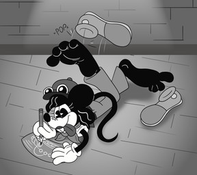 barefoot big_feet buckteeth feet female foot_fetish foot_focus humanoid_feet kicking_legs lying on_front plantigrade rubberhose shoe_removal shoes_removed soles solo teeth toes toony mepwep mouse:_p.i._for_hire tammy_tumbler mammal mouse murid murine rodent monochrome