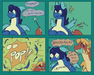 4-panel ambiguous_gender anthro blue_background bodily_fluids crying dialogue duo exclamation_point green_background inflatable laugh linked_speech_bubble onomatopoeia popping simple_background sound_effects speech_bubble tears teasing text serafphim apollo_(serafphim) josh_(serafphim) animate_inanimate living_inflatable 2024 comic english_text hi_res male_(lore)