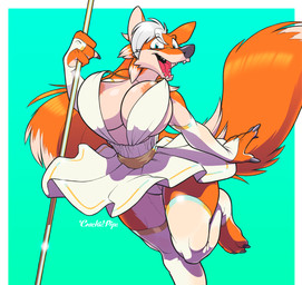 4_fingers anthro areola barefoot big_breasts biped black_nose breasts claws cleavage clothed clothing dress feet female fingers hindpaw huge_breasts legwear looking_at_viewer open_mouth open_smile panties paws pole sash sharp_teeth small_waist smile solo stripper_pole teeth thigh_highs toe_claws toes tongue underwear upskirt crackiepipe diana_(daggron) canid canine fox mammal 2018 hi_res