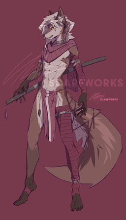 anthro bandage bottomwear breechcloth bulge clothed clothing katana loincloth loincloth_only male melee_weapon muscular muscular_male scarf solo sword topless tribal tribal_clothing warrior weapon scarfworks canid canine canis jackal mammal absurd_res hi_res